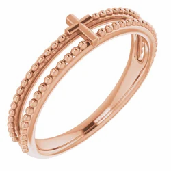 14K MILGRAIN STACKABLE CROSS RING - Rose Gold