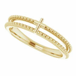 14K MILGRAIN STACKABLE CROSS RING - Yellow Gold