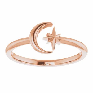 14K CRESCENT MOON & STAR NEGATIVE SPACE RING - Rose Gold