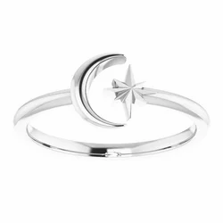 14K CRESCENT MOON & STAR NEGATIVE SPACE RING - White Gold