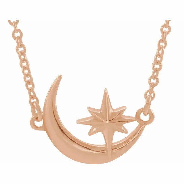 14K CRESCENT MOON & STAR NECKLACE - Rose Gold