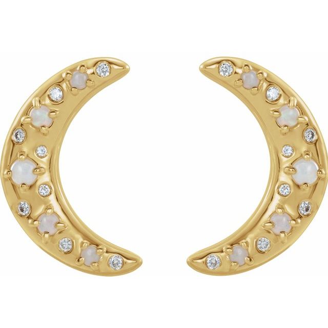 WHITE OPAL & DIAMON CRESCENT MOON EARRINGS - 14K Yellow Gold
