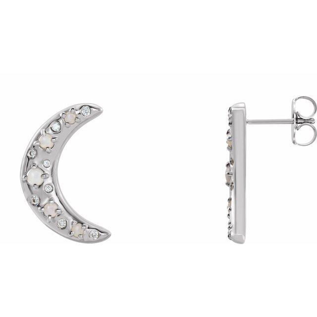 WHITE OPAL & DIAMON CRESCENT MOON EARRINGS - 14K White Gold