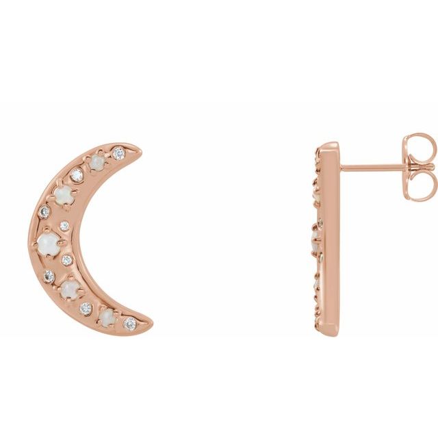 WHITE OPAL & DIAMON CRESCENT MOON EARRINGS - 14K Rose Gold