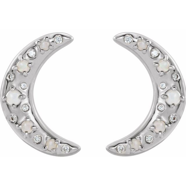 WHITE OPAL & DIAMON CRESCENT MOON EARRINGS - 14K White Gold