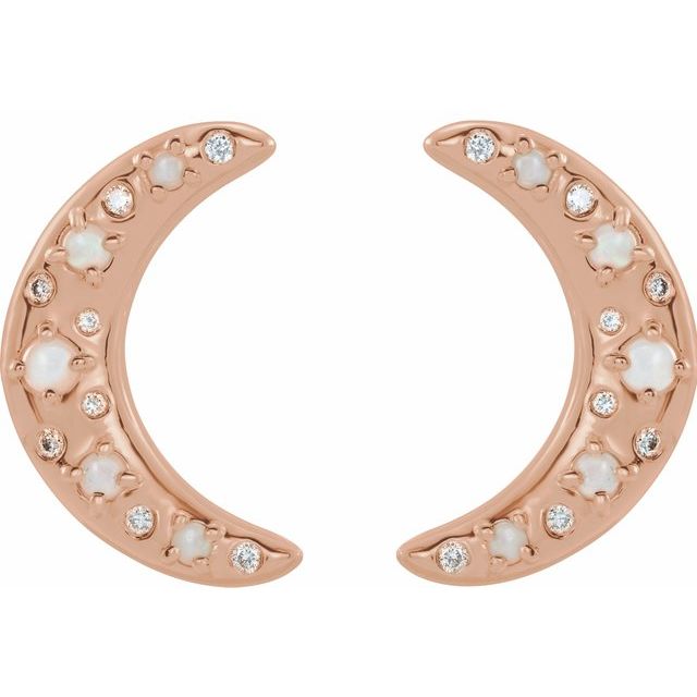 WHITE OPAL & DIAMON CRESCENT MOON EARRINGS - 14K Rose Gold