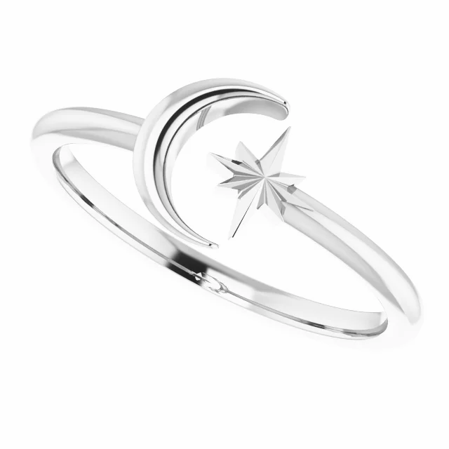 14K CRESCENT MOON & STAR NEGATIVE SPACE RING - White Gold