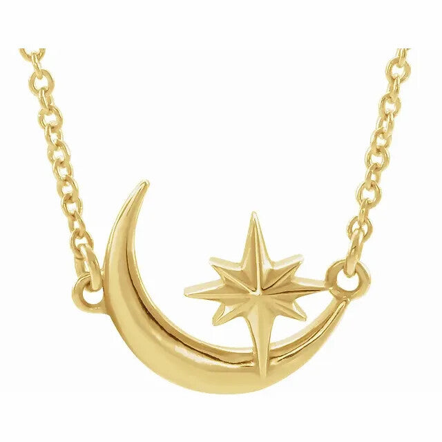 14K CRESCENT MOON & STAR NECKLACE - Yellow Gold