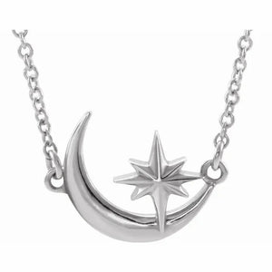 14K CRESCENT MOON & STAR NECKLACE - White Gold