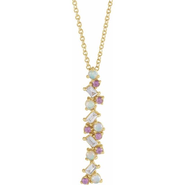 ETHIOPIAN OPAL, PINK SAPPHIRE, & DIAMOND SCATTER BAR NECKLACE - 14K Yellow Gold