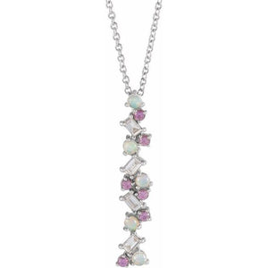 ETHIOPIAN OPAL, PINK SAPPHIRE, & DIAMOND SCATTER BAR NECKLACE - 14K White Gold